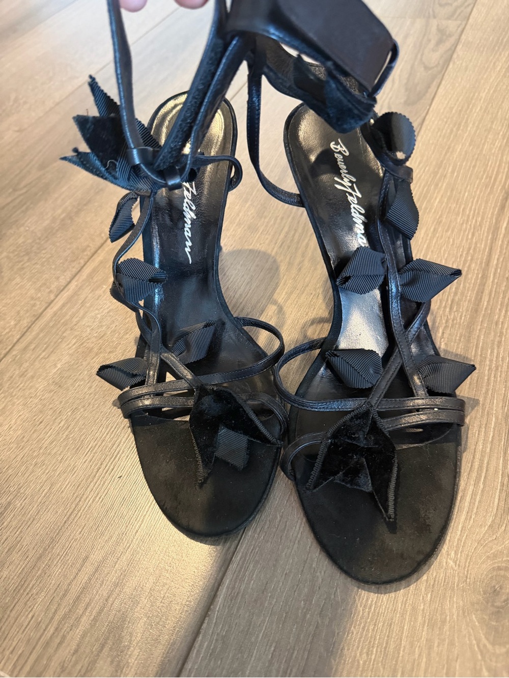 Beverly Feldman Black Bow-Tie Strappy Heels